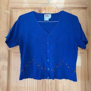 R&K Sweater 12P Button-up Cropped Short Sleeve Floral Embroidered Blue